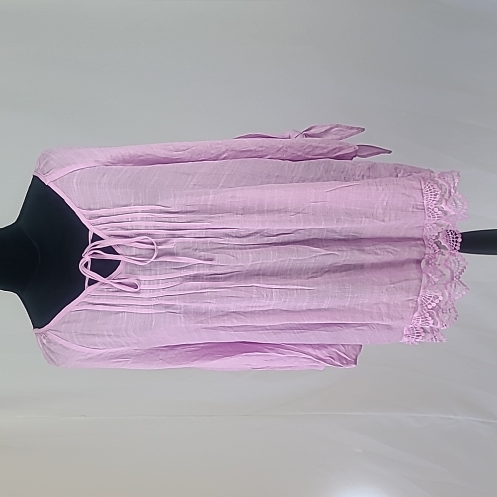 NY Collection women plus size 2X tunic 3/4 tied sleeve pink crochet lace trim‎